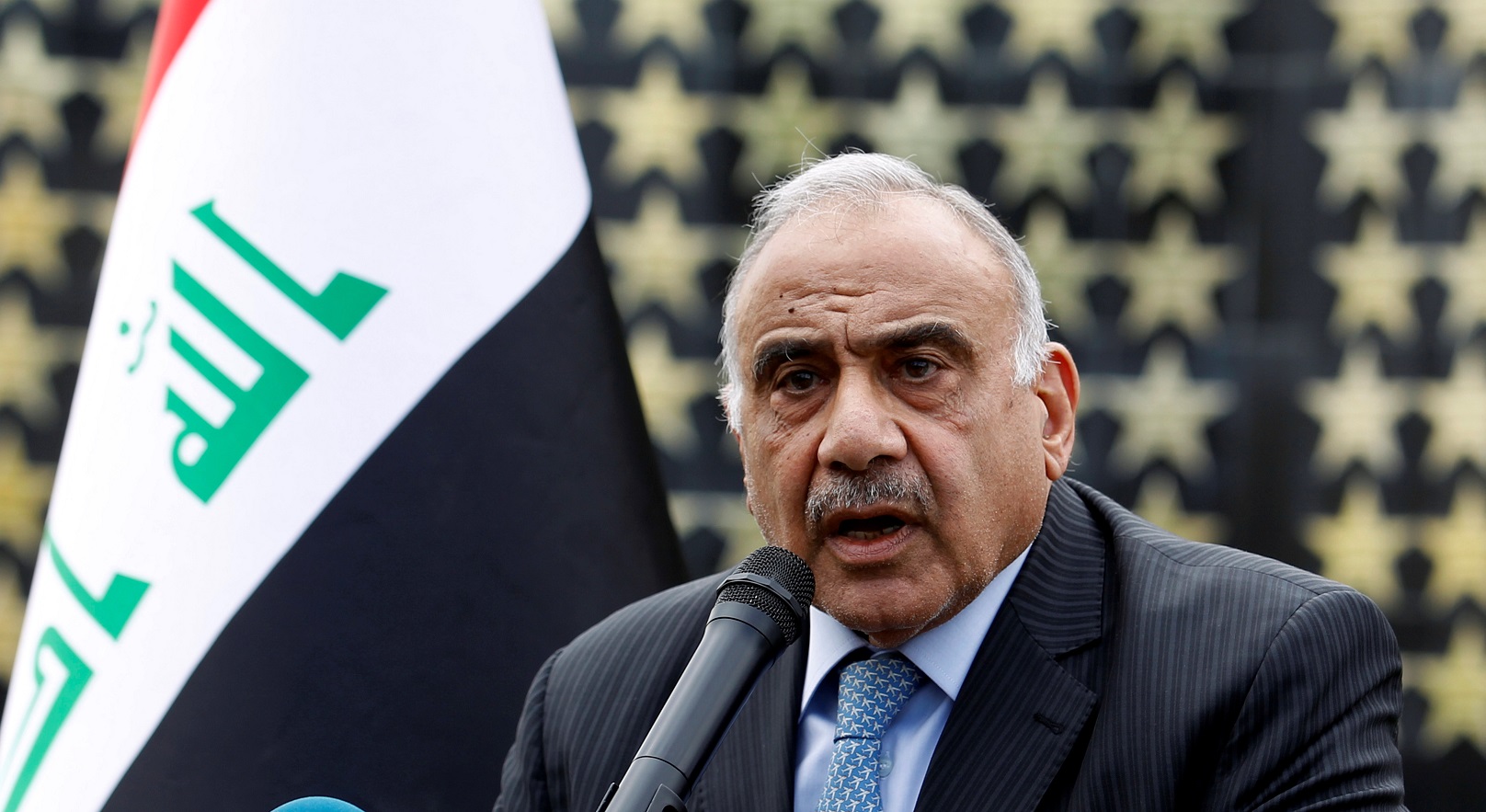 Iraqi Prime Minister Adel Abdul Mahdi speaks during a symbolic funeral ceremony of Major General Ali al-Lami, who commands the Iraqi Federal Police's Fourth Division, who was killed in Salahuddin, in Baghdad, Iraq October 23, 2019. REUTERS/Khalid al-Mousily