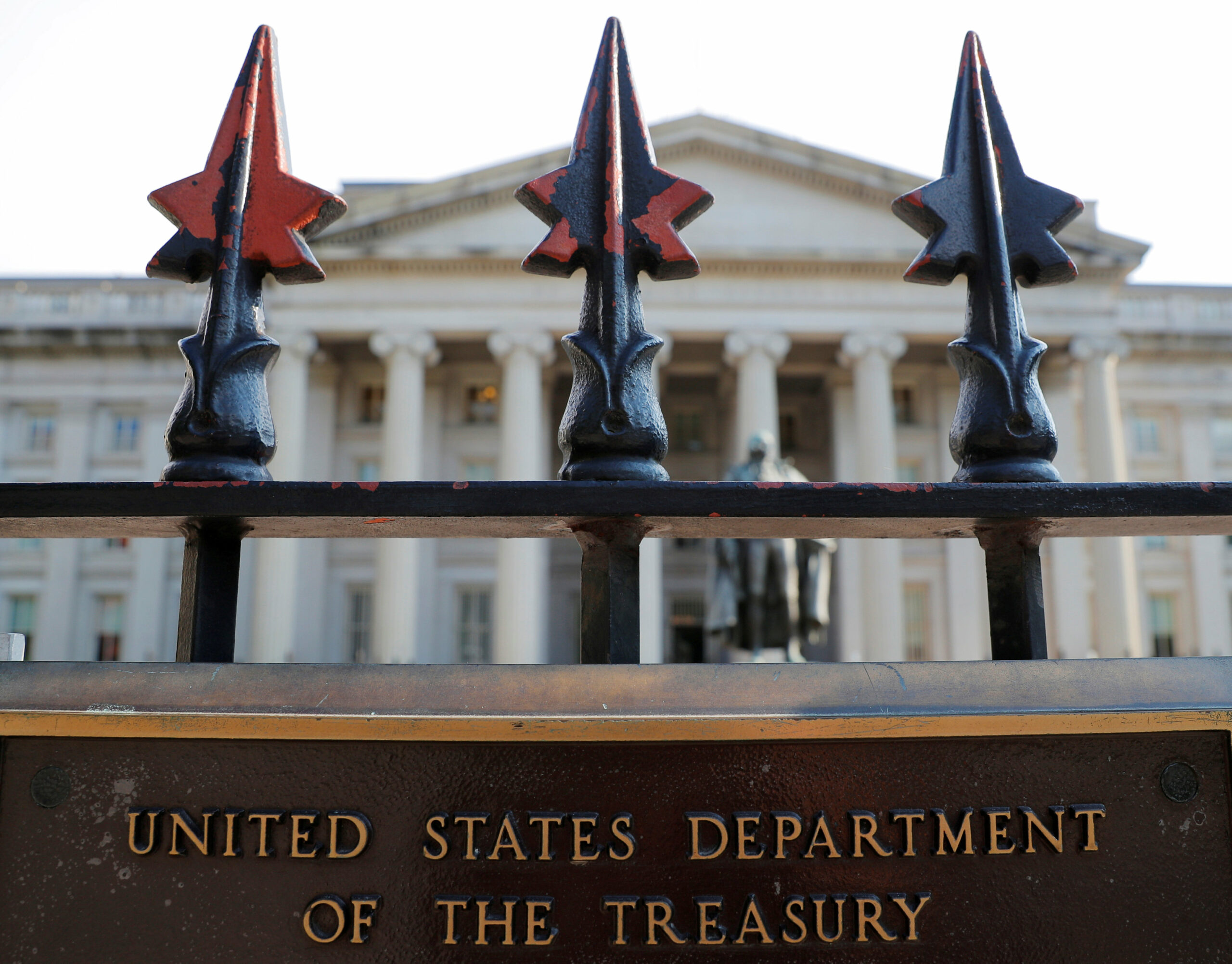 FILE PHOTO: A sign marks the U.S Treasury Department in Washington, U.S., August 6, 2018. REUTERS/Brian Snyder/File Photo