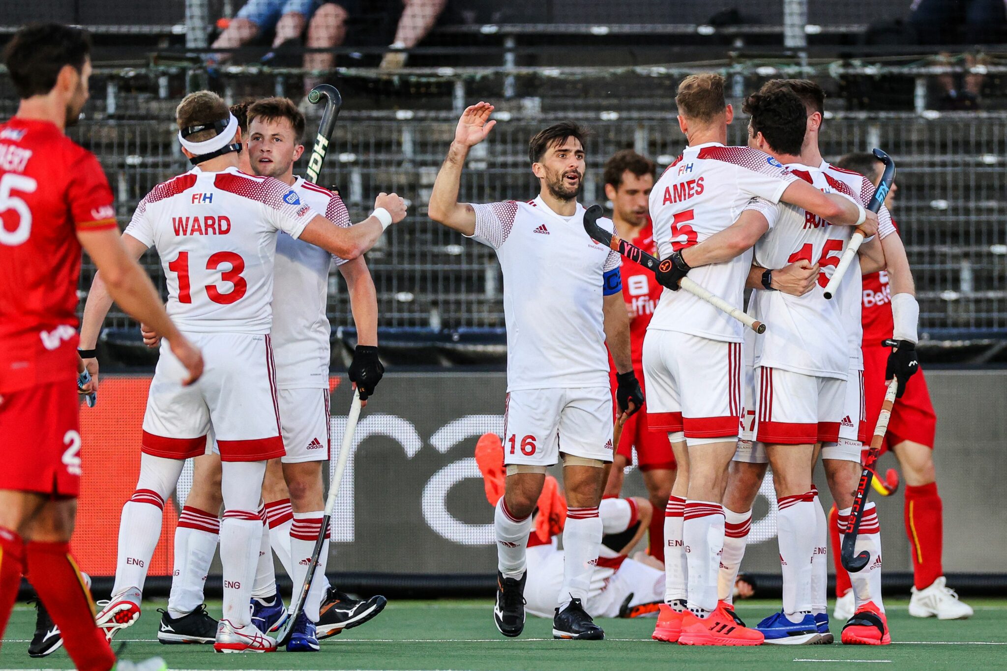 England players celebrate the victory during the European Hockey Championship match between England and Belgium at the Wagener Stadium on June 6, 2021 in Amstelveen. - Netherlands OUT / AFP / ANP / Koen Suyk