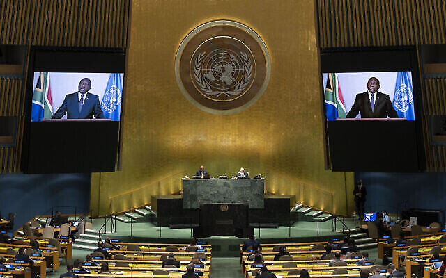 South Africa's President Matamela Cyril Ramaphosa delivers a prerecorded address to a high-level meeting to commemorate the twentieth anniversary of the adoption of the Durban Declaration during the 76th Session of the U.N. General Assembly at United Nations headquarters in New York, on Wednesday, Sept. 22, 2021. (Justin Lane/Pool Photo via AP)