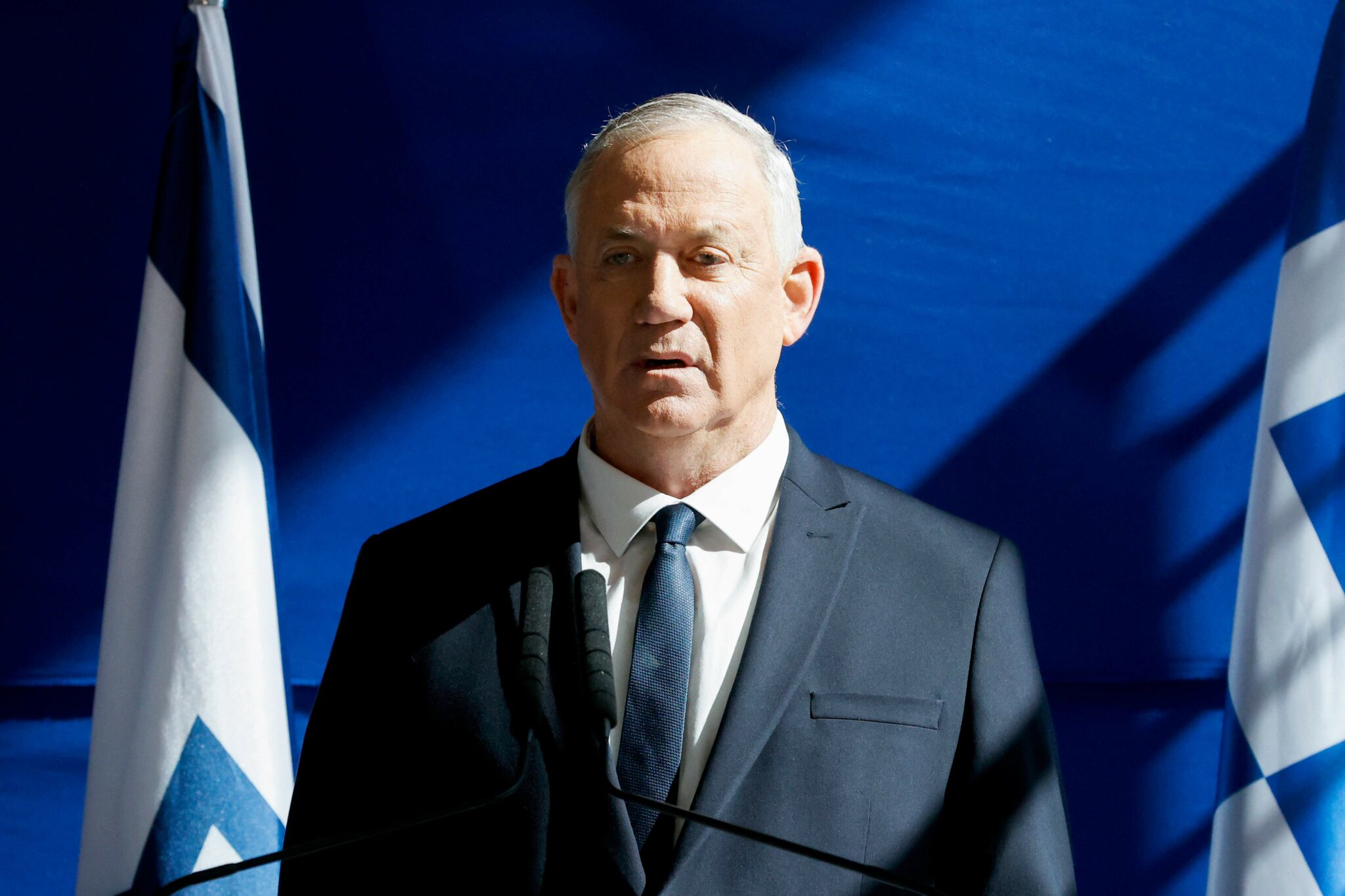 Israeli Defence Minister Benny Gantz makes joint statements with his Greek counterpart (unseen) at the Israeli Defence Minister in the coastal city of Tel Aviv, on January 20, 2022. (Photo by JACK GUEZ / AFP)