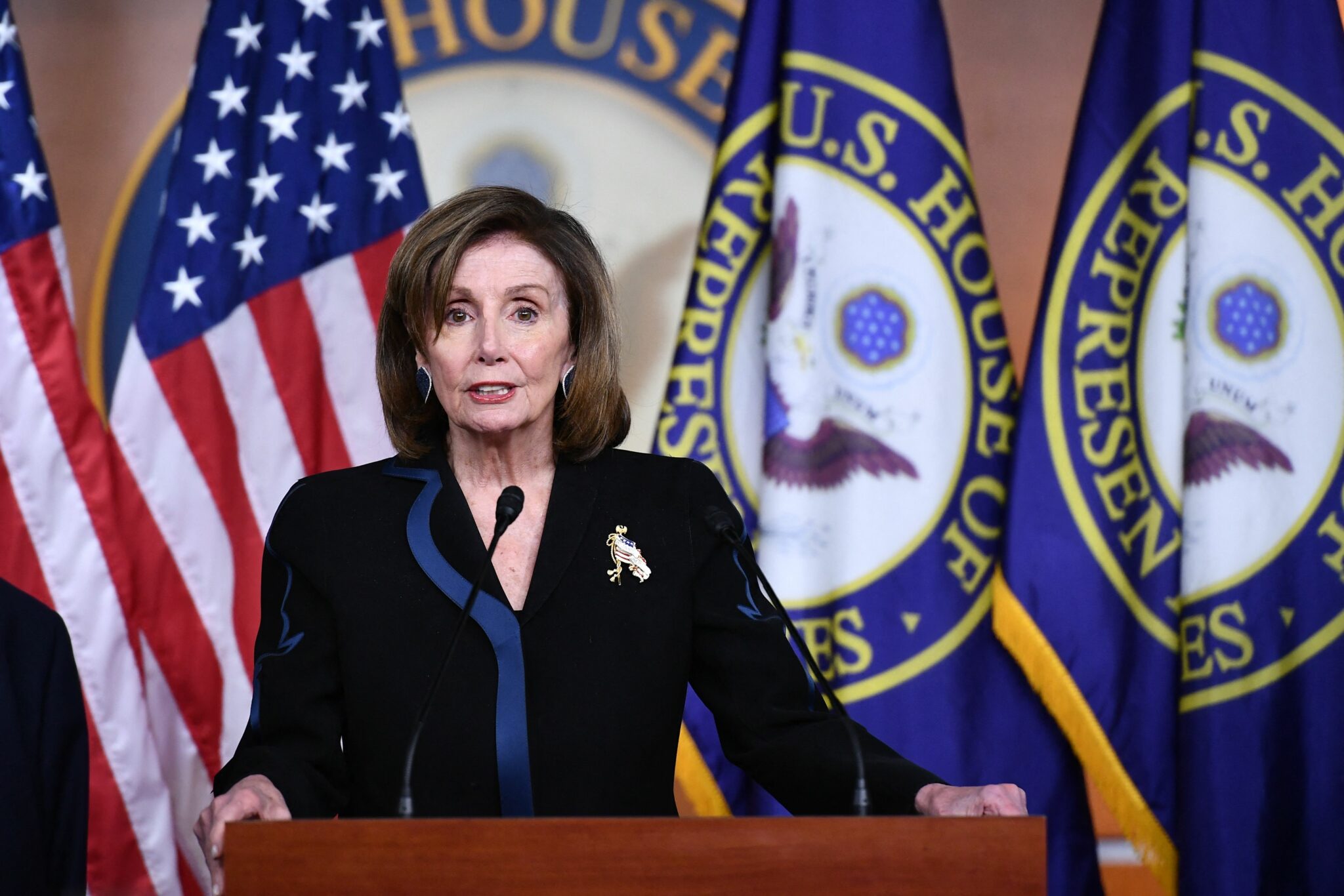 (FILES) In this file photo taken on December 09, 2021 US Speaker of the House Nancy Pelosi speaks during a press conference on Protecting Our Democracy Act in the US Capitol in Washington, DC. The top Democrat in the US Congress said January 25, 2022 she plans to run for a 19th term in office, announcing that she had determined to stay on to combat existential threats to democracy. (Photo by MANDEL NGAN / AFP)