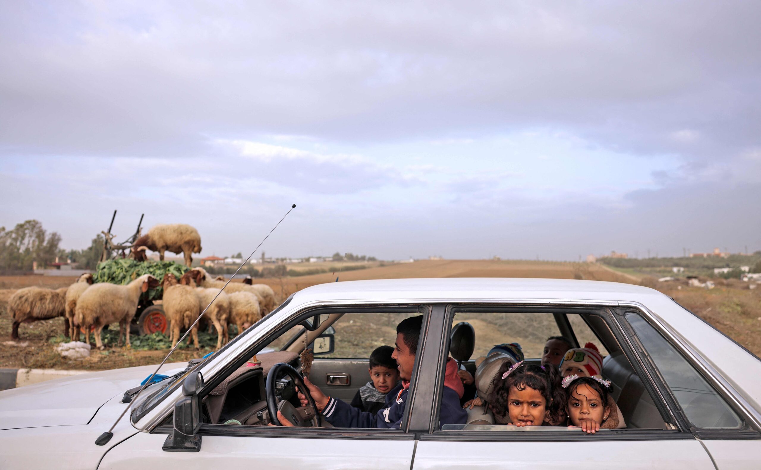 Palestinian children look on as they are driven home from school in Gaza City on December 9, 2021. (Photo by MOHAMMED ABED / AFP)