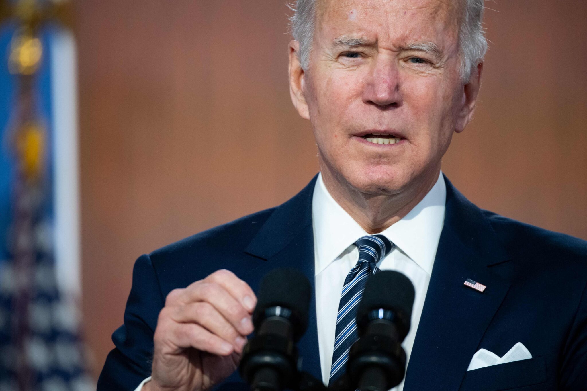 US President Joe Biden speaks during the closing remarks of the virtual Summit for Democracy in the Eisenhower Executive Office Building, adjacent to the White House, in Washington, DC, December 10, 2021. (Photo by SAUL LOEB / AFP)