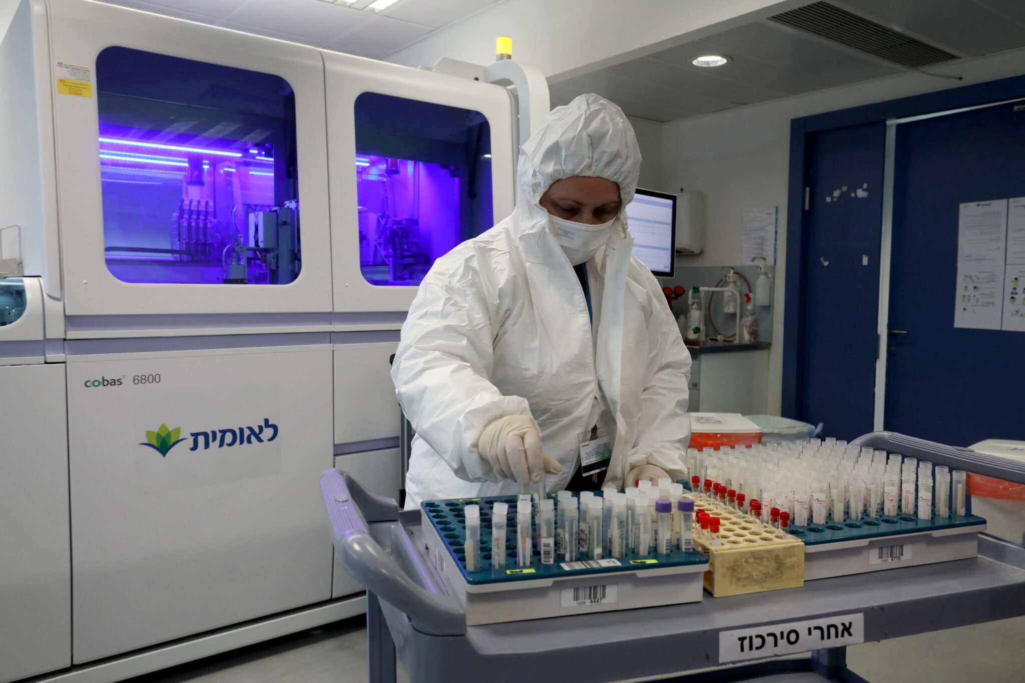 (220122) -- OR YEHUDA, Jan. 22, 2022 (Xinhua) -- A medical worker tests samples of suspected COVID-19 patients at a Leumit Health Care Services laboratory in central Israeli city of Or Yehuda near Tel Aviv on Jan. 21, 2022. Israel's Ministry of Health on Friday reported 69,201 new COVID-19 cases, bringing the total number of infections in the country to 2,168,016. (Photo by Gil Cohen Magen/Xinhua)