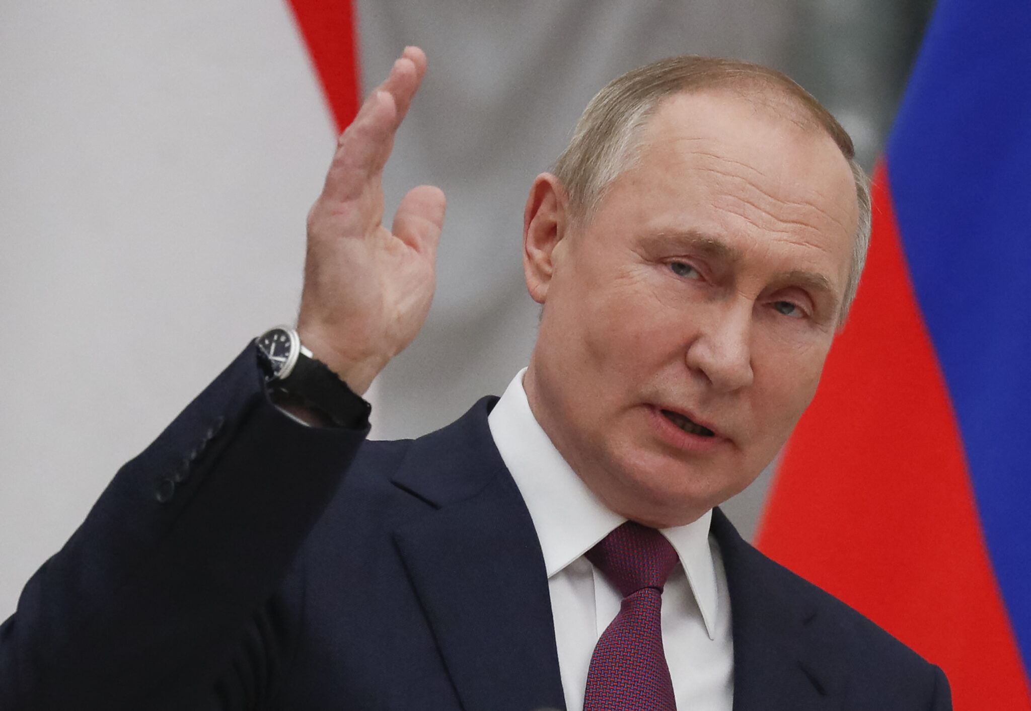 Russian President Vladimir Putin gestures as he talks during a press conference with Hungarian Prime Minister after their meeting at the Kremlin in Moscow on February 1, 2022. (Photo by YURI KOCHETKOV / POOL / AFP)