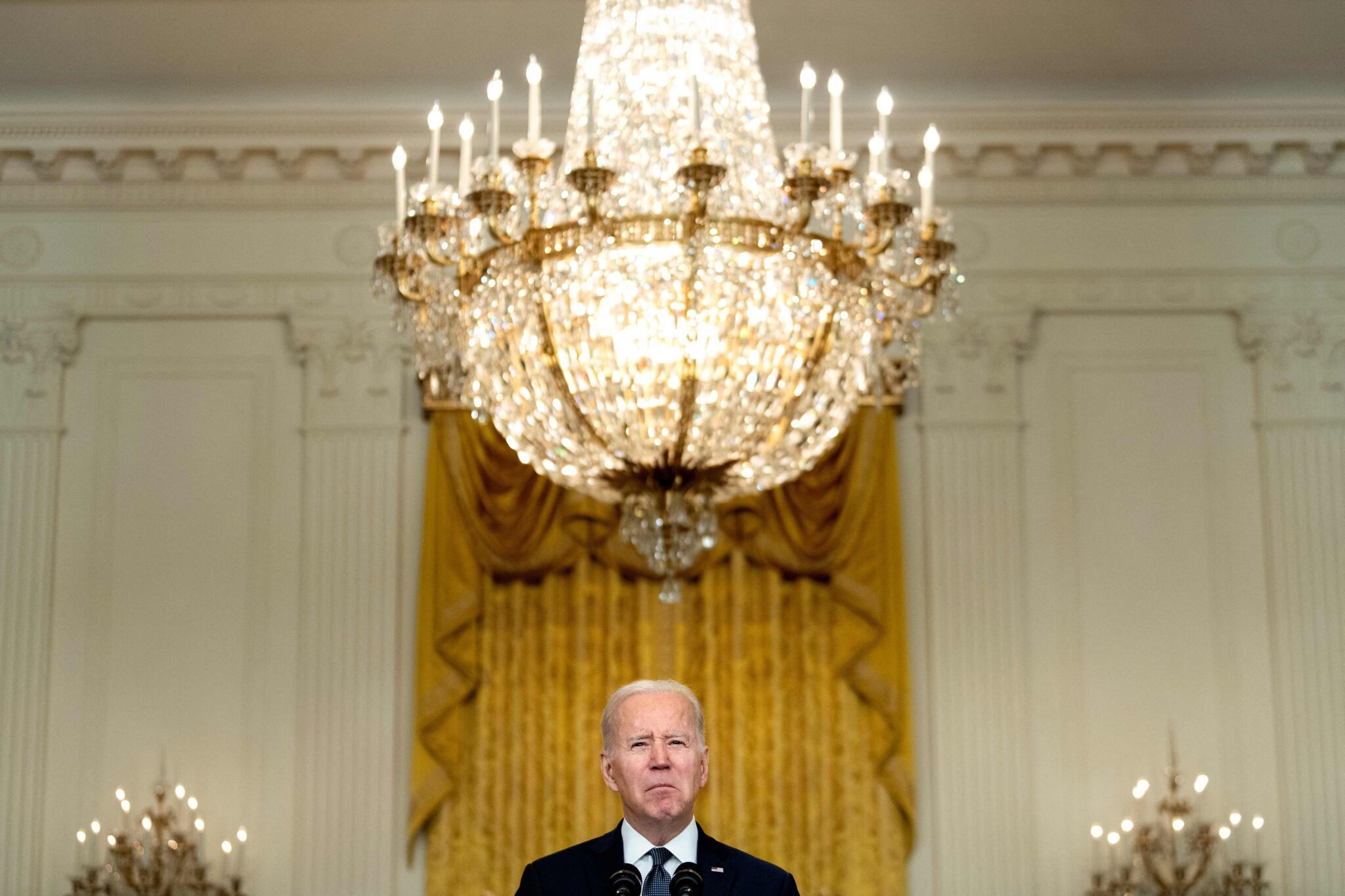 US President Joe Biden speaks in the East Room of the White House about Russian military activity near Ukraine in Washington, DC on February 15, 2022. (Photo by Brendan Smialowski / AFP)