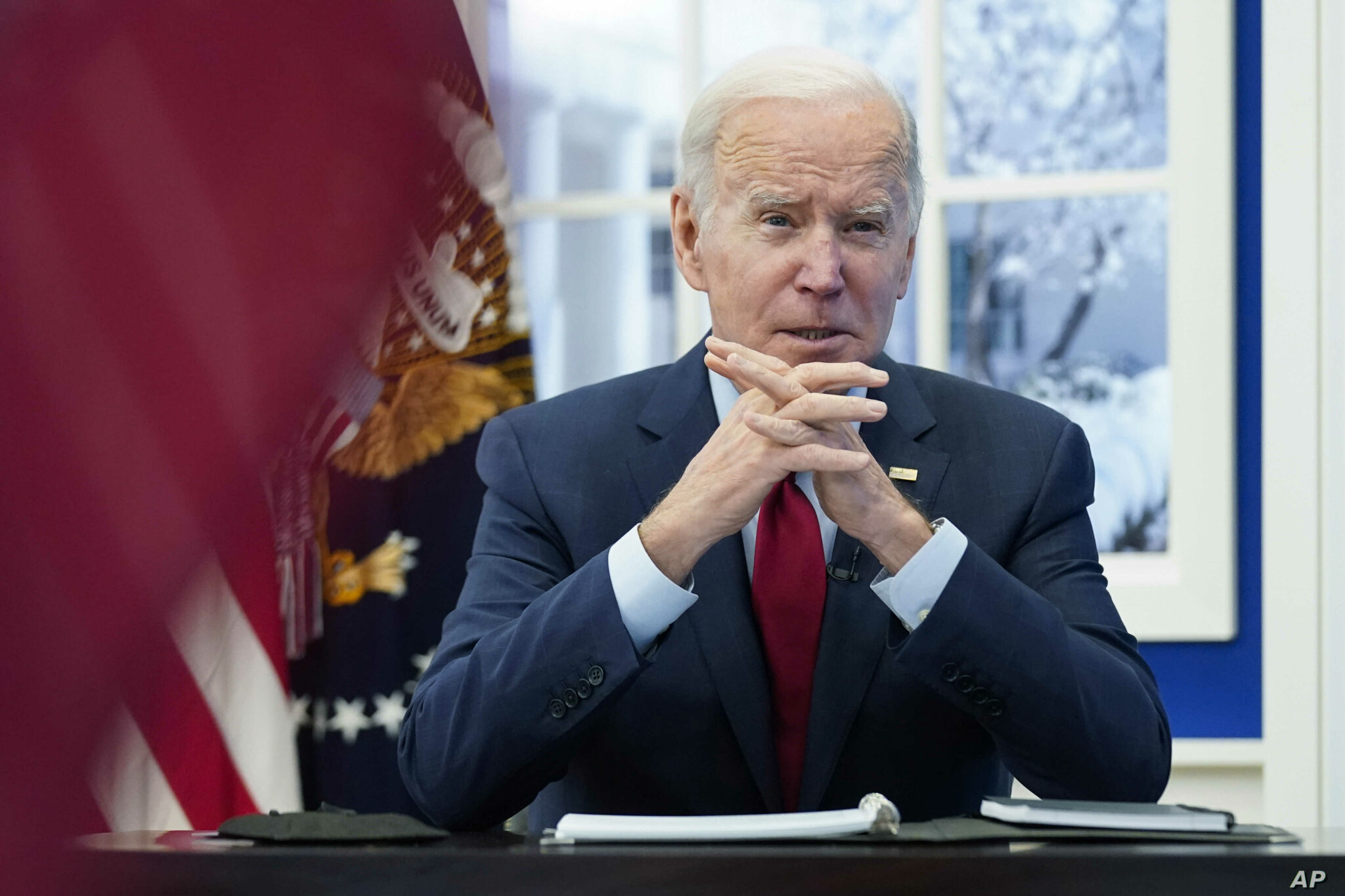 President Joe Biden speaks as he meets with the White House COVID-19 Response Team on the latest developments related to the Omicron variant in the South Court Auditorium in the Eisenhower Executive Office Building on the White House Campus in Washington, Tuesday, Jan. 4, 2022. (AP Photo/Andrew Harnik)