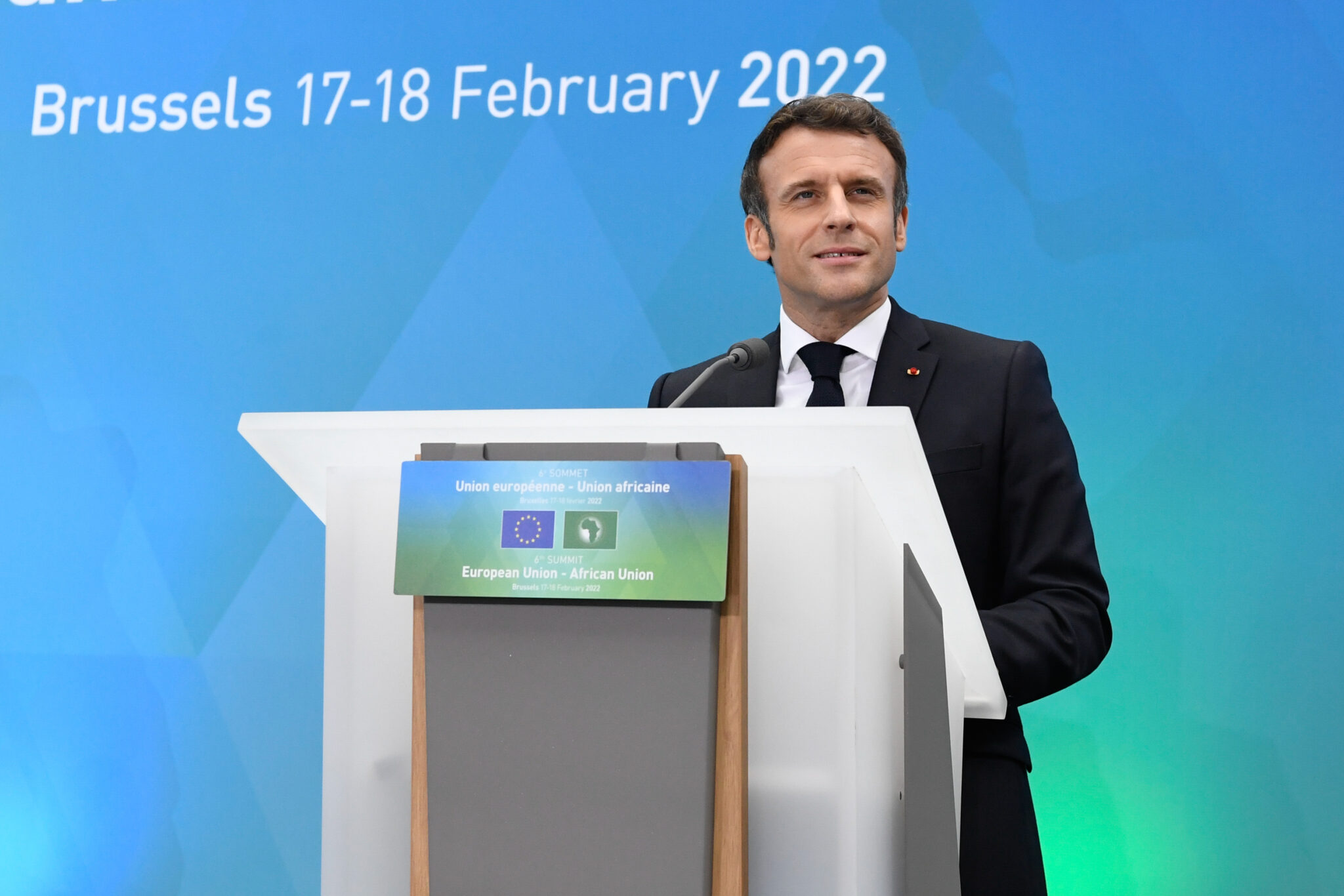 (220218) -- BRUSSELS, Feb. 18, 2022 (Xinhua) -- French President Emmanuel Macron speaks at the opening ceremony of the 6th European Union-African Union Summit in Brussels, Belgium, Feb. 17, 2022. The 6th European Union-African Union Summit started on Thursday in Brussels. (European Union/Handout via Xinhua)