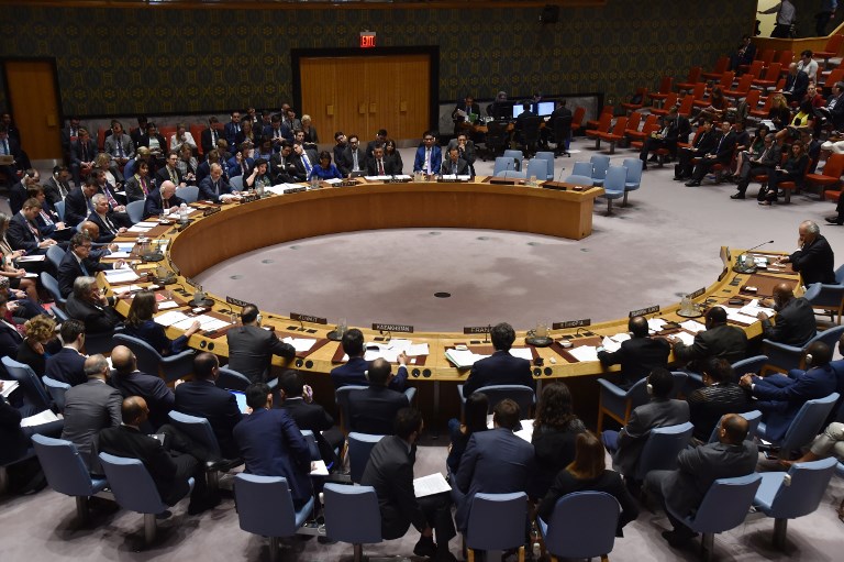 The UN Security Council meets on April 14, 2018, at UN Headquarters in New York.
The UN Security Council on Saturday opened a meeting at Russia's request to discuss military strikes carried out by the United States, France and Britain on Syria in response to a suspected chemical weapons attack. Russia circulated a draft resolution calling for condemnation of the military action, but Britain's ambassador said the strikes were "both right and legal" to alleviate humanitarian suffering in Syria. / AFP PHOTO / HECTOR RETAMAL