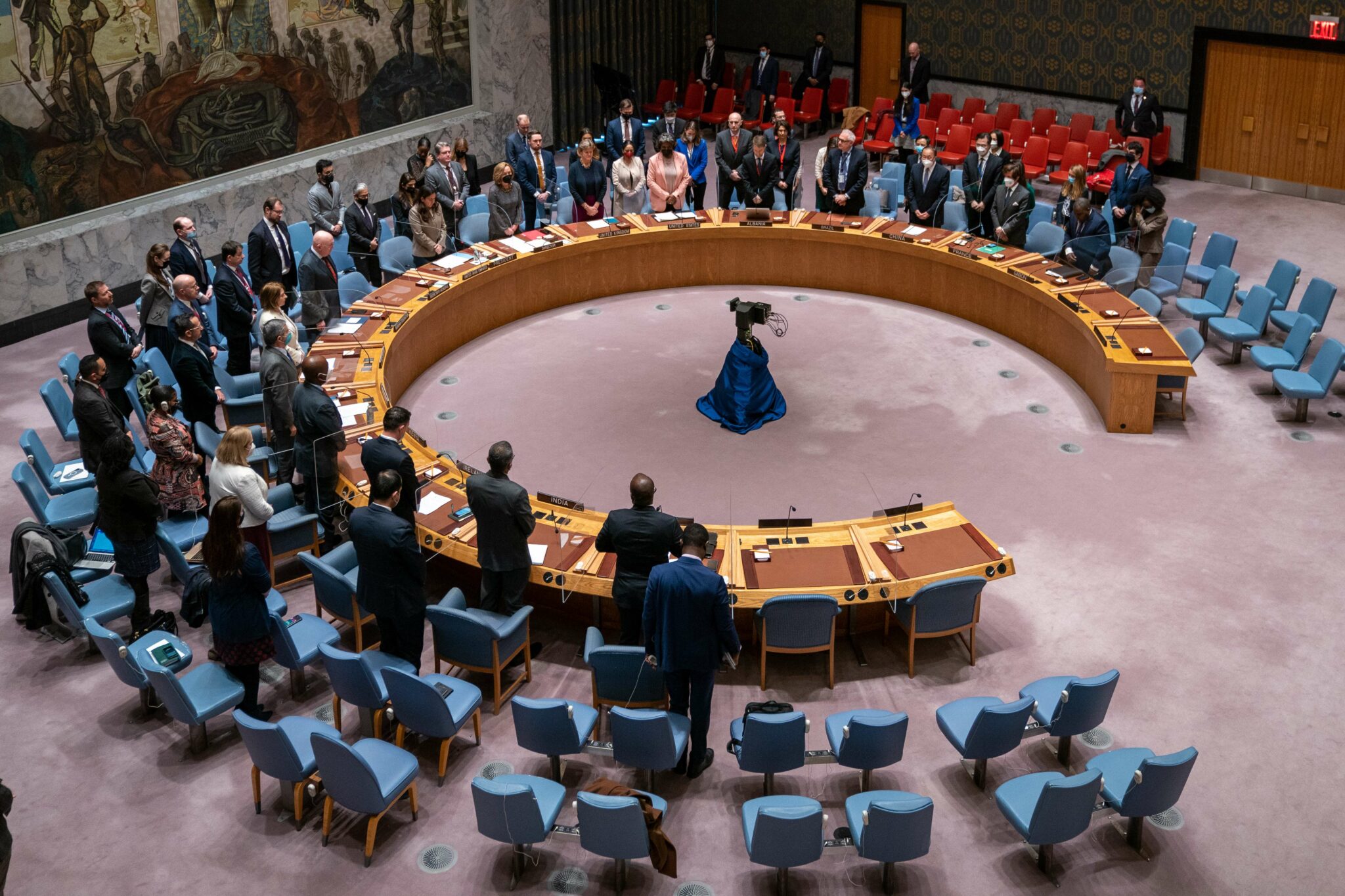 NEW YORK, NY - MARCH 23: The security council takes a moment of silence in memory of Madeleine Albright the Former United States Secretary of State at the United Nations Security Council meeting at United Nations headquarters on March 23, 2022 in New York City. The security council considers two rival resolutions, one that is supported by Ukraine and other Western member states that will place blame on Russia for the growing humanitarian crisis and one sponsored by South Africa that does not mention Russia. The Security Council will also take up a vote on a third resolution that is sponsored by Russia that does not refer to the invasion of Ukraine. David Dee Delgado/Getty Images/AFP == FOR NEWSPAPERS, INTERNET, TELCOS & TELEVISION USE ONLY ==