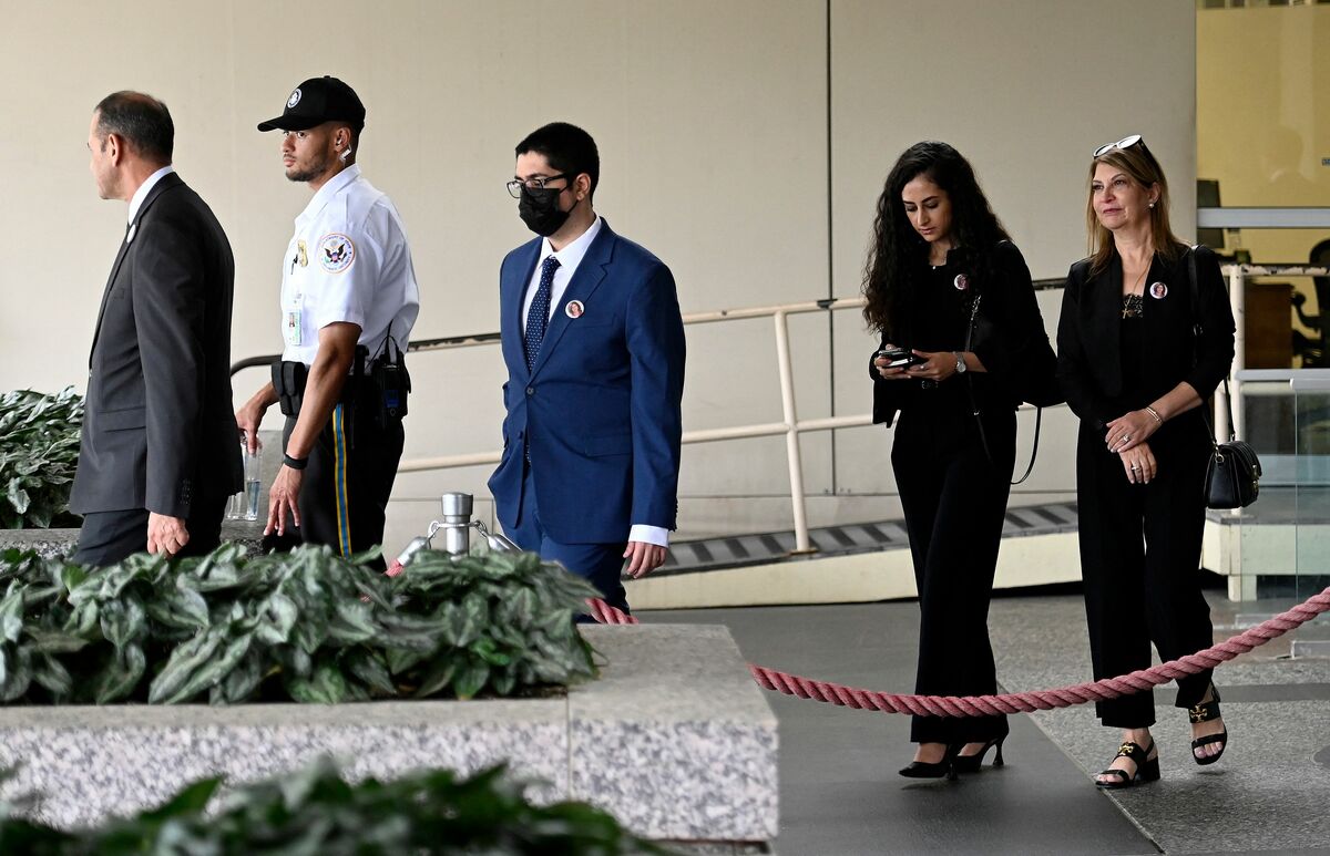 The family of Palestinian-American journalist Shireen Abu Akleh, including her brother Tony Abu Akleh (L), her niece Lina Abu Akleh (2R), and her nephew Victor Abu Akleh (3L), leave the State Department in Washington, DC, on July 26, 2022, after meeting with US Secretary of State Antony Blinken. The family of slain Palestinian-American journalist Shireen Abu Akleh on July 26, 2022, pressed the United States for an independent probe and accountability from Israel on a visit to Washington at the invitation of Secretary of State Antony Blinken. (Photo by OLIVIER DOULIERY / AFP)