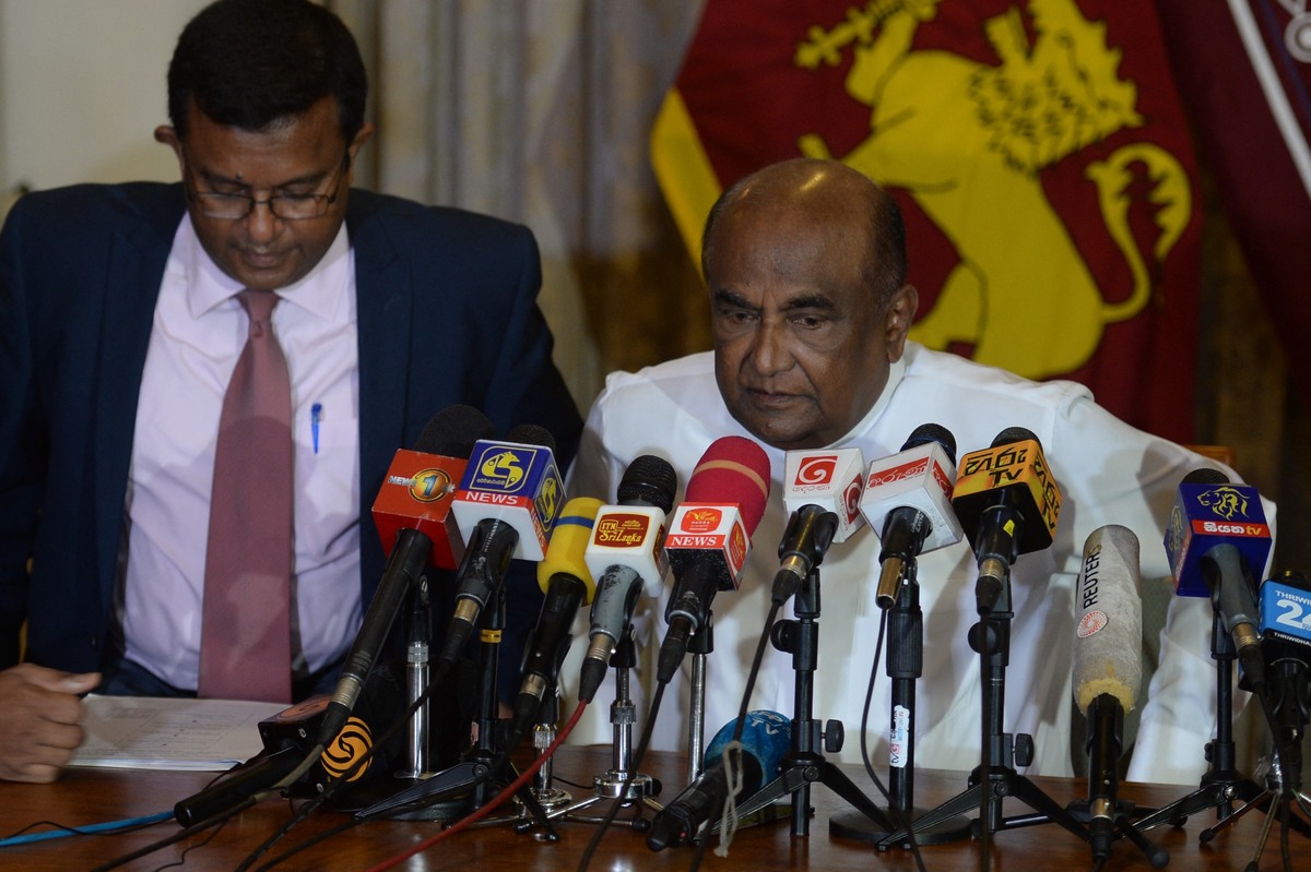 Sri Lanka's Speaker Mahinda Yapa Abeywardena speaks during a media briefing at Speaker's house in Colombo on July 15, 2022. The resignation of Sri Lanka's president has been accepted, the crisis-hit country's parliamentary speaker announced Friday, after he fled the country earlier this week and notified him from Singapore that he was stepping down. (Photo by Arun SANKAR / AFP)