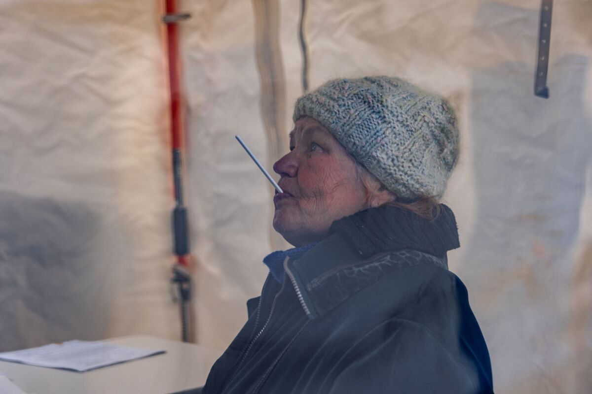 Anna Sukhova, 78, has a DNA test in a mobile laboratory for the identification of her brother, in the town of Izyum, Kharkiv region on November 4, 2022, amid the Russian invasion of Ukraine. A DNA laboratory was deployed this week in the town of Izyum to help relatives of the 450 bodies found in mass burial sites to formally identify the remains of their loved ones without going through the gruelling visual examination. (Photo by Dimitar DILKOFF / AFP)