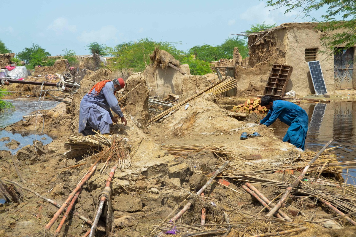 Flood affected men collect bamboos from a collapsed mud house after heavy monsoon rains in Jaffarabad district, Balochistan province, on August 28, 2022. Pakistan's flooded southern Sindh province braced on August 28 for a fresh deluge from swollen rivers in the north as the death toll from this year's monsoon topped 1,000. (Photo by Fida HUSSAIN / AFP)