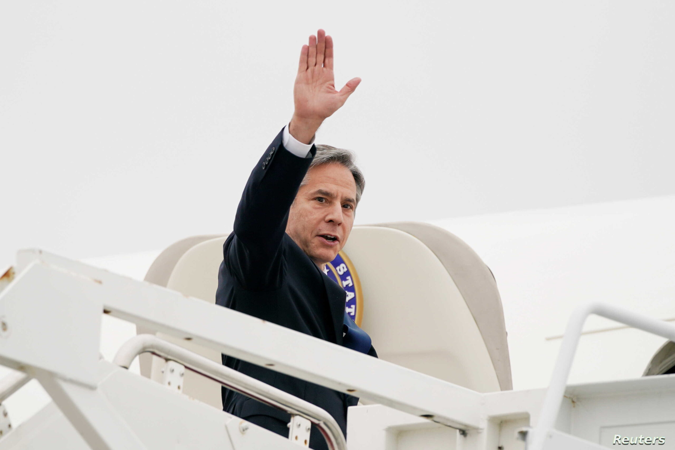 U.S. Secretary of State Antony Blinken waves as he departs to visit Israel and West Bank, at Andrews Air Force Base, Maryland, U.S. May 24, 2021. Alex Brandon/Pool via REUTERS