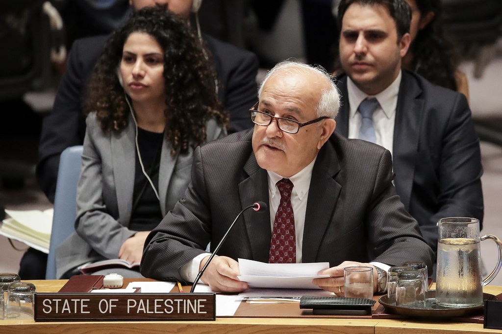 NEW YORK, NY - JULY 24: Permanent Observer of Palestine to the United Nations Riyad Mansour speaks during a United Nations Security Council meeting at UN Headquarters, July 24, 2018 in New York City. The Security Council discussed the ongoing conflict between Israel and Palestine. Drew Angerer/Getty Images/AFP (Photo by Drew Angerer / GETTY IMAGES NORTH AMERICA / Getty Images via AFP)