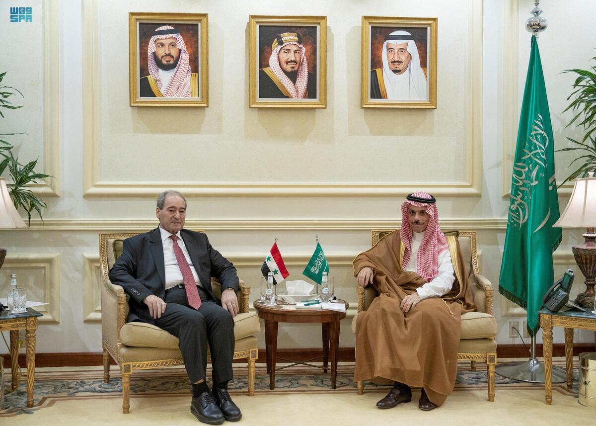 A handout picture provided by the Saudi Press Agency (SPA) on April 12, 2023, shows Syrian Foreign Minister Faisal Mekdad (R) meeting with Saudi Foreign Affairs Minister Prince Faisal bin Farhan (L) in Jeddah. Saudi Arabia hosted landmark delegations from Iran and Syria on Wednesday as Gulf countries prepare for re-establishing diplomatic ties after years of bitter divisions.
Only hours after Iranian state media said a delegation had touched down in Riyadh, Saudi Arabia announced the arrival of Syria's foreign minister in Jeddah -- the first such trip since the country's civil war broke out in 2011. - RESTRICTED TO EDITORIAL USE - MANDATORY CREDIT "AFP PHOTO / SAUDI PRESS AGENCY " - NO MARKETING NO ADVERTISING CAMPAIGNS - DISTRIBUTED AS A SERVICE TO CLIENTS (Photo by SAUDI PRESS AGENCY / AFP) / RESTRICTED TO EDITORIAL USE - MANDATORY CREDIT "AFP PHOTO / SAUDI PRESS AGENCY " - NO MARKETING NO ADVERTISING CAMPAIGNS - DISTRIBUTED AS A SERVICE TO CLIENTS