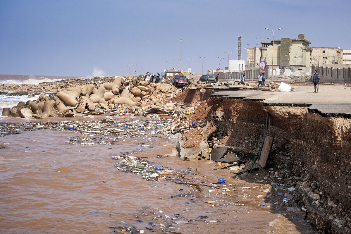 CORRECTION / This handout picture provided by the office of Libya's Benghazi-based interim prime minister on September 11, 2023 shows a view of a collapsed coastal road in the eastern city of Derna, about 290 kilometres east of Benghazi, in the wake of the Mediterranean storm "Daniel". At least 150 people were killed when freak floods hit eastern Libya, officials said on September 11, after the storm's torrential rains battered Turkey, Bulgaria, and Greece. - === RESTRICTED TO EDITORIAL USE - MANDATORY CREDIT "AFP PHOTO / HO /MEDIA OFFICE OF LIBYAN PRIME MINISTER (BENGHAZI)" - NO MARKETING NO ADVERTISING CAMPAIGNS - DISTRIBUTED AS A SERVICE TO CLIENTS === (Photo by THE PRESS OFFICE OF LIBYAN PRIME MINISTER / AFP) / === RESTRICTED TO EDITORIAL USE - MANDATORY CREDIT "AFP PHOTO / HO /MEDIA OFFICE OF LIBYAN PRIME MINISTER (BENGHAZI)" - NO MARKETING NO ADVERTISING CAMPAIGNS - DISTRIBUTED AS A SERVICE TO CLIENTS ===