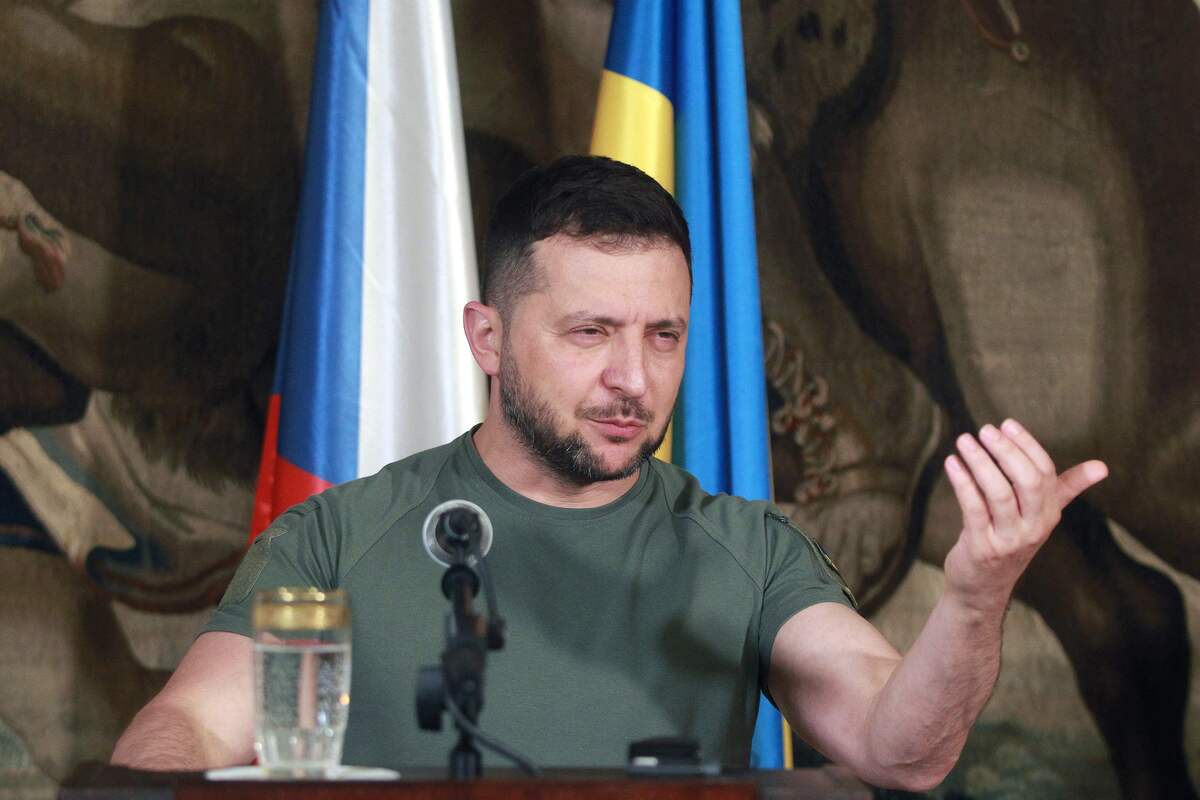 Ukrainian President Volodymyr Zelensky addresses a press conference during his meeting with the Czech President in Prague Castle in Prague, Czech Republic, on July 6, 2023. "We need honesty in our ties," Zelensky told reporters alongside Czech President Petr Pavel, speaking ahead of a key summit in Vilnius. (Photo by Milan Kammermayer / AFP)