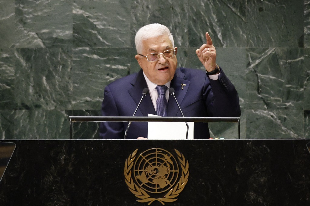 NEW YORK, NEW YORK - SEPTEMBER 21: President of the State of Palestine Mahmoud Abbas speaks during the United Nations General Assembly (UNGA) at United Nations headquarters on September 21, 2023 in New York City. World heads of state and representatives of government are attending amidst multiple global crises such as Russia's illegal war against Ukraine, and the climate emergency. Kena Betancur/Getty Images/AFP (Photo by KENA BETANCUR / GETTY IMAGES NORTH AMERICA / Getty Images via AFP)