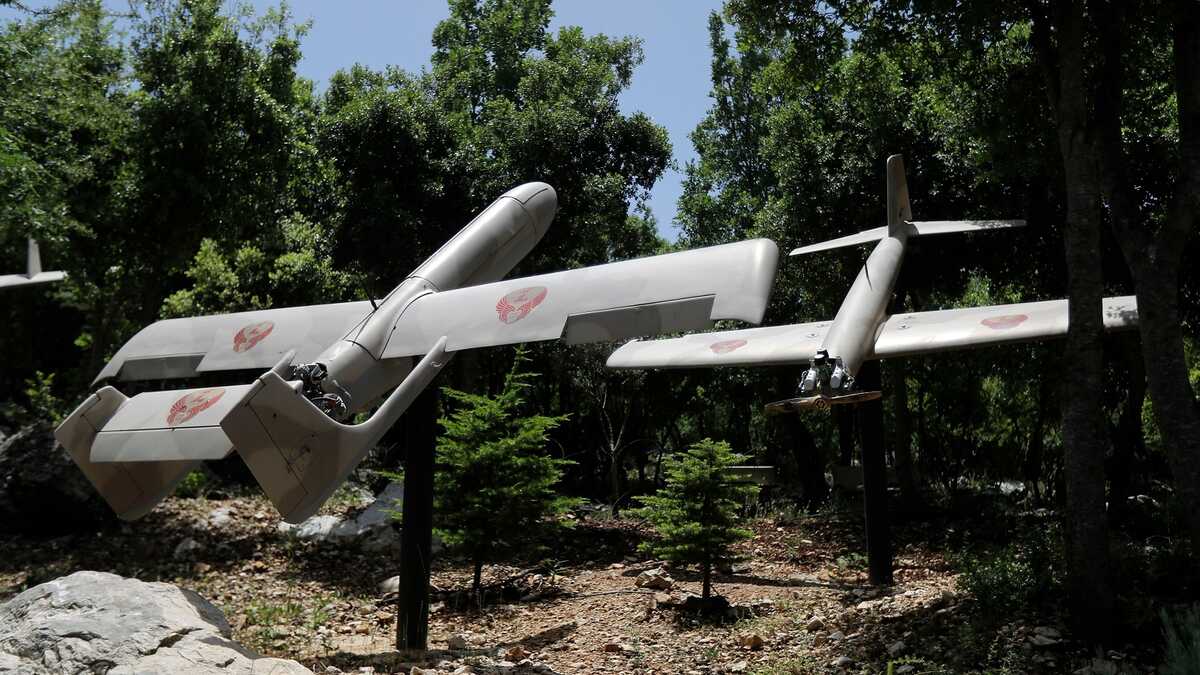 A picture taken on May 22, 2020 shows military drones at the Hezbollah memorial landmark in the hilltop bastion of Mleeta, built in 2010 to commemorate Israel's withdrawal from the country, near the Lebanese southern village of Jarjouaa. - Twenty years after the withdrawal of Israeli forces from Lebanon, Hezbollah still enjoys wide support among youth regaled with tales of the Shiite group ending 22 years of Israeli occupation.
The group continues to leverage the memory of this "victory" to mould a new generation of loyalists gearing up to join its regional operations. (Photo by JOSEPH EID / AFP) (Photo by JOSEPH EID/AFP via Getty Images)