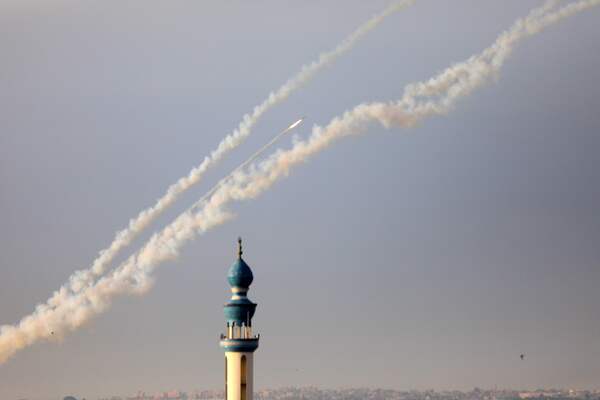 Rockets are launched toward Israel from southern Gasa strip on May 11, 2023, on the third day of the worst escalation of violence in months that has killed 25 people in the blockaded Palestinian enclave. Air strikes by the Israeli army since May 9 have killed fighters as well as civilians, including several children, said officials in the crowded coastal territory. (Photo by SAID KHATIB / AFP)