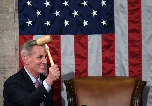 Newly elected Speaker of the US House of Representatives Kevin McCarthy holds the gavel after he was elected on the 15th ballot at the US Capitol in Washington, DC, on January 7, 2023. Kevin McCarthy's election to his dream job of speaker of the US House of Representatives was secured through a mix of bombproof ambition, a talent for cutting deals and a proven track record of getting Republicans what they need.
He only won election as speaker after they forced him to endure 15 rounds of voting -- a torrid spectacle unseen in the US Capitol since 1859. (Photo by OLIVIER DOULIERY / AFP)