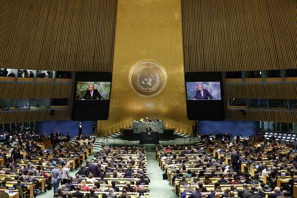 NEW YORK, NEW YORK - SEPTEMBER 20: United Nations Secretary General Antonio Guterres speaks during the 77th session of the United Nations General Assembly (UNGA) at the U.N. headquarters on September 20, 2022 in New York City. After two years of holding the session virtually or in a hybrid format, 157 heads of state and representatives of government are expected to attend the General Assembly in person. Anna Moneymaker/Getty Images/AFP