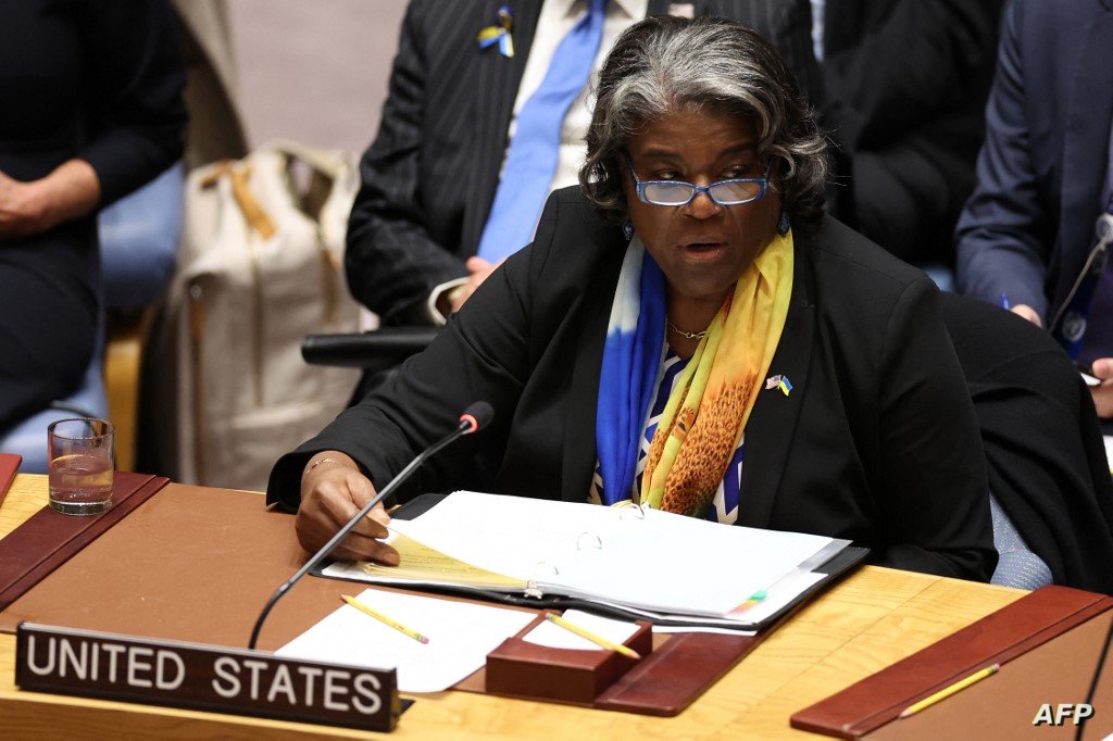 US Ambassador to the United Nations Linda Thomas-Greenfield speaks during a UN Security Council meeting on the Russia-Ukraine war, at UN Headquarters in New York City on February 23, 2024. (Photo by Charly TRIBALLEAU / AFP)