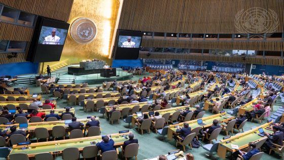 A wide view of the General Assembly Hall as Philemon Yang (at podium and on screens), President of the seventy-ninth session of the United Nations General Assembly, addresses the resumed 10th Emergency Special Session of the General Assembly on “Illegal Israeli actions in occupied East Jerusalem and the rest of the Occupied Palestinian Territory”.