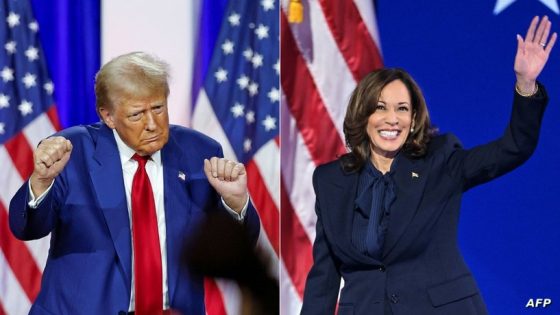 (COMBO) This combination of pictures created on September 09, 2024 shows, L-R, former US President and Republican presidential candidate Donald Trump dancing as he leaves the stage after speaking alongside former US Representative Tulsi Gabbard during a town hall meeting in La Crosse, Wisconsin, on August 29, 2024 and US Vice President and Democratic presidential candidate Kamala Harris arriving onstage to speak on the fourth and last day of the Democratic National Convention (DNC) at the United Center in Chicago, Illinois, on August 22, 2024. Harris and Trump made their final preparations on Monday, September 9, on the eve of their first -- and possibly only -- televised debate before the knife-edge 2024 US presidential election. With less than two months until election day, the face-off could be a turning point in a bitter contest between the Democratic vice president and Republican former president. (Photo by KAMIL KRZACZYNSKI and Mandel NGAN / AFP)