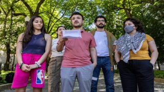 Mahmoud Khalil speaks to members of media about the Revolt for Rafah encampment at Columbia University during the ongoing conflict between Israel and the Palestinian Islamist group Hamas in Gaza, in New York City, U.S., June 1, 2024. REUTERS/Jeenah Moon REFILE - CORRECTING NAME FROM "MOHAMMAD" TO "MAHMOUD".